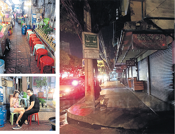 Links: op sommige plekken mogen er geen tafeltjes meer staan en moet er dus met het bord op schoot gegeten worden. Rechts: Gaat dit het nieuwe (lege) straatbeeld van Bangkok worden? (foto: Bangkokpost) 